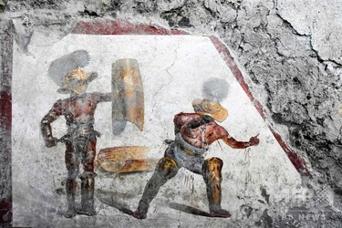 グラディエーター描いた鮮やかなフレスコ画、古代都市ポンぺイで発掘