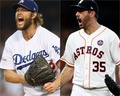 米大リーグ（MLB）、2017年のワールドシリーズでキャリア初優勝を目指すロサンゼルス・ドジャースのクレイトン・カーショウ（左）と、ヒューストン・アストロズのジャスティン・バーランダー（2017年10月24日作成）。(c)AFP/Getty Images/Ezra Shaw/Elsa