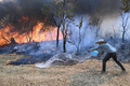 ブラジルの首都ブラジリアの国立公園で発生した山火事が自宅に達しないよう、食い止めようとする住民（2024年9月15日撮影）。(c)EVARISTO SA / AFP