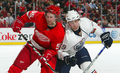 オイラーズの%%Sam Gagner%%と競り合うレッドウィングスのニクラス・クランウォール（%%Niklas Kronwall%%、左）。(c)AFP/Getty Images Dave Sandford