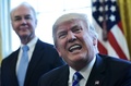 米首都ワシントン・ホワイトハウスの大統領執務室から話をするドナルド・トランプ大統領（右、2017年3月24日撮影）。(c)AFP/MANDEL NGAN