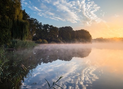 朝もやの湖面、ドイツ北東部