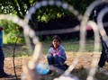 ハンガリーとセルビアの国境に設置された有刺鉄線を前に、セルビア側に座っている少女（2015年8月27日撮影）。(c)AFP/ATTILA CSABA SEGESVARI