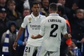サッカー欧州チャンピオンズリーグ準々決勝第2戦、チェルシー対レアル・マドリード。先制点を挙げて喜ぶレアル・マドリードのロドリゴ（左、2023年4月18日撮影）。(c)ADRIAN DENNIS / AFP
