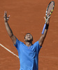 男子テニス、国別対抗戦デビスカップ（Davis Cup 2013）、ワールドグループ準々決勝、アルゼンチン対フランス。試合に勝利して歓喜するフランスのジョーウィルフリード・ツォンガ（2013年4月5日撮影）。(c)AFP/JUAN MABROMATA