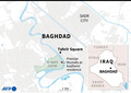 イラクのムスタファ・カディミ首相の住居があるバグダッドのグリーンゾーンの位置を示した図。(c)AFP