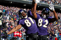 11NFLプレーオフは15日、カンファレンス準決勝が行われ、ボルティモア・レイブンズ（Baltimore Ravens）は20-13でヒューストン・テキサンズ（Houston Texans）との接戦を制し、ナショナル・カンファレンス（NFC）決勝に進出した。

第1クウォーターにタッチダウンを成功させ、チームメイトのトレイ・スミス（Torrey Smith、右）と喜びを分かち合うレイブンズのアンクワン・ボウルディン（Anquan Boldin、2012年1月15日撮影）。(c)AFP/Getty Images/Rob Carr