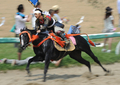 福島県の伝統祭り「相馬野馬追」は29日に2日目を迎え、東日本大震災の影響で前年は見送られていた主行事の甲冑（かっちゅう）競馬と神旗争奪戦が南相馬市で行われた。1000年にわたり続く祭りにはこの日、数万人が訪れ、約400騎が繰り広げる勇壮な伝統行事を楽しんだ。

写真は甲冑競馬に参加する騎馬武者（2012年7月29日撮影）。(c)AFP/Toru YAMANAKA