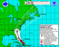 米海洋大気局（National Oceanic and Atmospheric Administration、NOAA）が公開した、熱帯性暴風雨「ハンナ（Hanna）」の予想進路図（2008年9月3日提供）。(c)AFP/NOAA