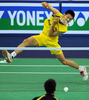 第17回世界バドミントン選手権大会、男子シングルス1回戦。大会第2シードの陳金（%%Jin Chen%%、チェン・ジン、中国）は、エリック・パン（%%Eric Pang%%、オランダ）を21-14、21-19で下し、2回戦に進んだ。（2009年8月11日撮影）(c)AFP/INDRANIL MUKHERJEE