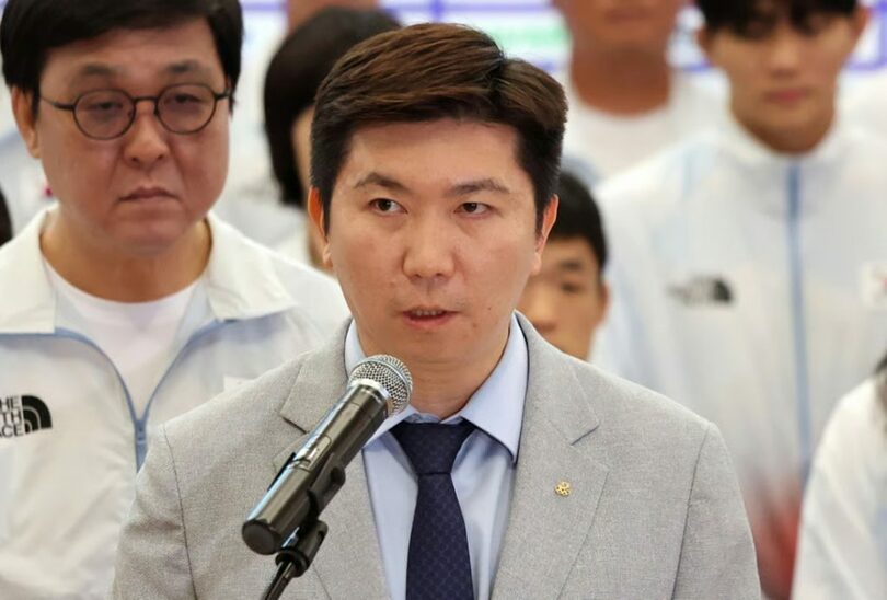 2026年愛知・名古屋アジア大会の韓国代表選手団解団式で発言する大韓体育会のユ・スンミン会長(c)news1/MONEYTODAY