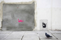 写真は、英ロンドン（London）北部ウッドグリーン（Wood Green）で、英アーティスト、バンクシー（Banksy）氏の壁画が持ち去られた場所の横に描かれた「Why?（なぜ？）」のプラカードを持つネズミの絵（2013年2月23日撮影）。(c)AFP/JUSTIN TALLIS