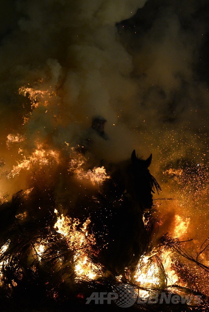 人馬一体、150頭が炎飛び越え厄よけ祈願 スペイン