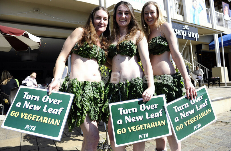「葉っぱめくってベジタリアンになろう」、PETAが南アで街頭活動
