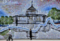 韓国ソウル（Seoul）市内の建設現場で、はがき大のパーツからなる絵画の描かれた仮囲いの前を通り過ぎる歩行者（2008年7月11日撮影）。(c)AFP/Jewel SAMAD