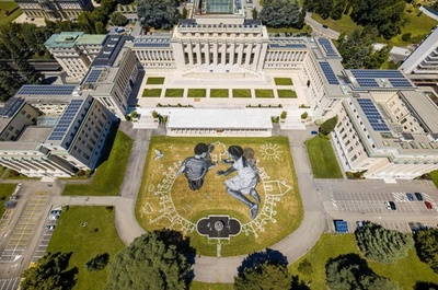 理想の世界描く子どもたち、国連事務局に巨大アート スイス