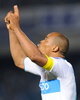 サッカーAFCチャンピオンズリーグ2009（%%AFC Champions League 2009%%）1次リーグH組、川崎フロンターレ（%%Kawasaki Frontale%%）対浦項スティーラース（%%Pohang Steelers%%）。試合は0-2で川崎が敗れ、同組2位での決勝トーナメント進出となった。勝った浦項が同組1位で決勝トーナメントに進んだ。写真は後半27分にチームの2点目を決めて歓喜する浦項のデニウソン（%%Denilson Martins Nascimento%%）。（2009年5月19日撮影）(c)AFP/Toru YAMANAKA