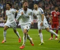 サッカー欧州チャンピオンズリーグ2013-14（UEFA Champions League 2013-14）準決勝第2戦、バイエルン・ミュンヘン（Bayern Munich）対レアル・マドリード（Real Madrid）。前半20分に追加点を決め歓喜するレアル・マドリードのセルヒオ・ラモス（Sergio Ramos、2014年4月29日撮影）。(c)AFP/ODD ANDERSEN