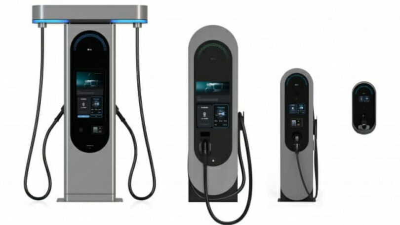 LG電子のHiEV CHARGER電気自動車充電器のラインナップ（写真左から）100kW、200kW、7kWスタンド型、7kW壁付型（写真=LG電子）(c)KOREA WAVE