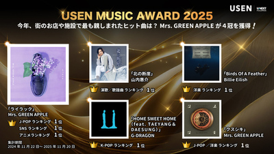 今年、街のお店や施設で最も親しまれたヒット曲は？『USEN MUSIC AWARD 2025』を発表