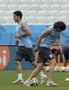 サッカーW杯ブラジル大会（2014 World Cup）グループDのイングランド戦を控え、アレーナ・デ・サンパウロ（Arena de Sao Paulo）で調整を行うウルグアイのエディンソン・カヴァーニ（Edinson Cavani、右）とルイス・スアレス（Luis Suarez、2014年6月18日撮影）。(c)AFP/DANIEL GARCIA