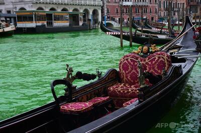 ベネチアの運河が緑に、環境活動家が抗議で染料流し込む