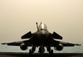 ペルシャ湾で、仏軍空母シャルル・ド・ゴールの甲板に駐機された戦闘機（2015年2月22日撮影）。(c)AFP/PATRICK BAZ