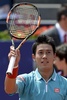 男子テニス、バルセロナ・オープン、シングルス準々決勝。勝利を喜ぶ錦織圭（2015年4月24日撮影）。(c)AFP/JOSEP LAGO