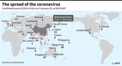 新型コロナウイルス、感染者が確認された国と地域（30日18時30分現在）