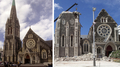 ニュージーランド南島クライストチャーチ（Christchurch）のクライストチャーチ大聖堂。左は地震前（195年11月撮影）、右は地震後（2011年2月24日撮影）。(c)AFP/RICHARD A. BROOKS/MARTY MELVILLE