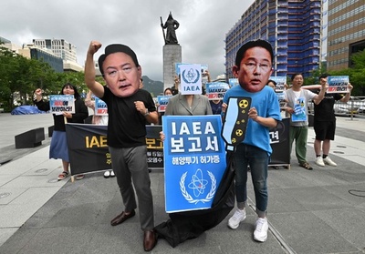 福島原発処理水の放出計画、IAEA報告書に抗議 韓国・ソウル