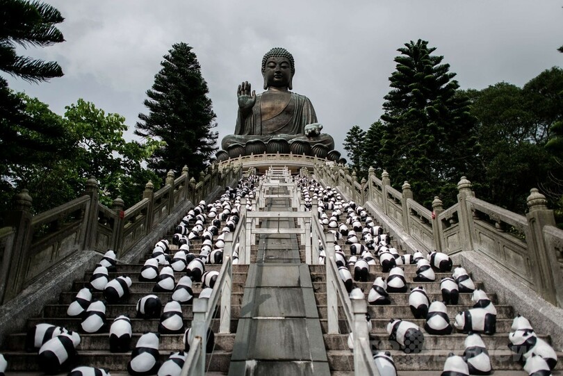 張り子パンダの大群、ランタオ島で大仏を参拝？