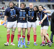 ラグビーシックスネイションズ（%%Six Nations Rugby 2010%%）第5週、フランス対イングランド。試合はフランスが12-10で勝利し、6年ぶりのグランドスラム（全勝優勝）を飾った。写真は優勝を喜ぶフランスの選手。（2010年3月20日撮影）(c)AFP/FRANCK FIFE