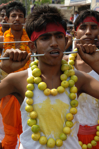 頬に棒を刺して行進、ヒンズー教の祭り インド