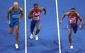 世界室内陸上選手権、男子60メートル決勝。レースに臨む（左から）イタリアのラモントマルチェル・ヤコブス、米国のマービン・ブレーシー、米国のクリスチャン・コールマン（2022年3月19日撮影）。(c)OLIVER BUNIC / AFP
