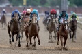 米国競馬のG1レース、第149回ケンタッキーダービー。トップでゴールするハビエル・カステリャーノ騎手騎乗のメイジ（左から2頭目、2023年5月6日撮影）。(c)Rob Carr/Getty Images/ AFP