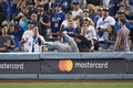18MLB、ワールドシリーズ（7回戦制）第3戦、ロサンゼルス・ドジャース対ボストン・レッドソックス。延長13回に捕球を狙って観客席に跳び込むボストン・レッドソックスのエドゥアルド・ヌニェス（2018年10月26日撮影）。(c)Kevork Djansezian/Getty Images/AFP