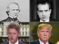 米下院によって弾劾訴追手続きが取られた歴代米国大統領、アンドルー・ジョンソン（左上）、リチャード・ニクソン（右上）、ビル・クリントン（左下）、ドナルド・トランプ（2019年12月18日作成）。(c)various sources / AFP