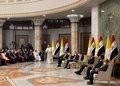 イラク首都バグダッドの大統領府で演説するフランシスコ教皇（2021年3月5日撮影）。(c)Ayman HENNA / AFP