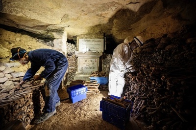 フランス革命期の遺骨で造られた壁、修復中 パリの「カタコンベ」