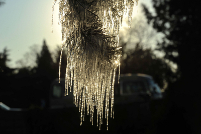 北京に冬の訪れ、白い氷柱に覆われた木々 中国