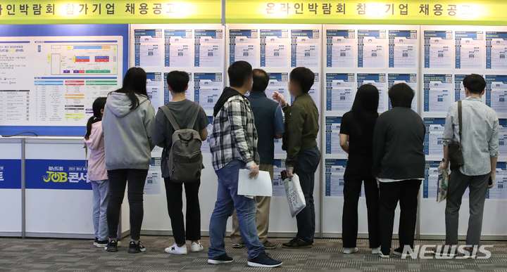 高陽市主催の青年雇用博覧会で、就職希望者が企業の掲示板を見ている(c)NEWSIS