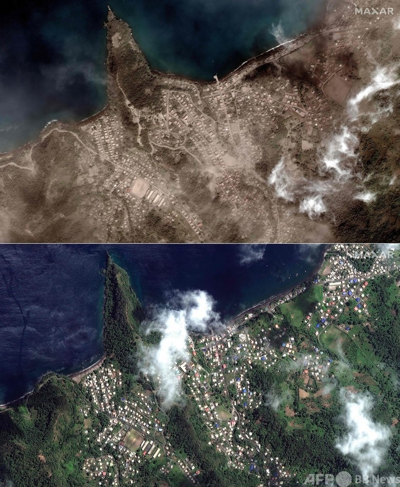 カリブ海のセントビンセント島、火山灰に覆われる前と後の衛星画像
