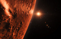 赤色矮星「TRAPPIST-1」の周りを公転する7つの惑星のうちの一つの地表を描いた想像図。欧州南天天文台（ESO）提供（2017年2月22日提供）。(c)AFP/ESO/M. Kornmesser/spaceengine.org