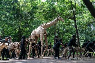 実物大の野生動物パペット団、アフリカから北極へ 気候変動を訴える旅