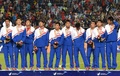 第17回アジア競技大会（17th Asian Games、Asiad）サッカー男子決勝、韓国対北朝鮮。表彰式に臨む北朝鮮の選手（2014年10月2日撮影）。(c)AFP/PRAKASH SINGH