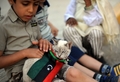 リビア東部ベンガジ（Benghazi）の革命広場で、飼いネコに革命旗の首輪を付ける子ども（2011年5月25日撮影）。(c)AFP/SAEED KHAN