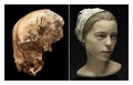 左は、米バージニア（Virginia）州ジェームズタウン（Jamestown）の植民地跡から出土した頭蓋骨の一部。上部には細い4本の切り傷がある。右は、頭蓋骨を基に、ニューヨーク（New York）・ブルックリン（Brooklyn）の「StudioEIS」が復元した少女の頭部（2013年5月1日提供）。(c)AFP/Smithsonian/Donald Hurlbert