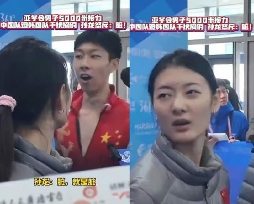 共同取材区域を通り抜けて「汚い！」と叫ぶ孫龍（左）びっくりして孫龍を見つめる中国選手（右）＝Xキャプチャー(c)news1