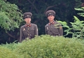 韓国と北朝鮮を隔てる軍事境界線上にある板門店（Panmunjom）で、警備にあたる北朝鮮の軍兵士ら（2008年9月11日撮影）。(c)AFP/JUNG YEON-JE